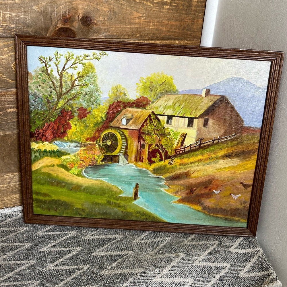 Vintage Rustic Land Scape Water Mill Original Painting Signed original frame